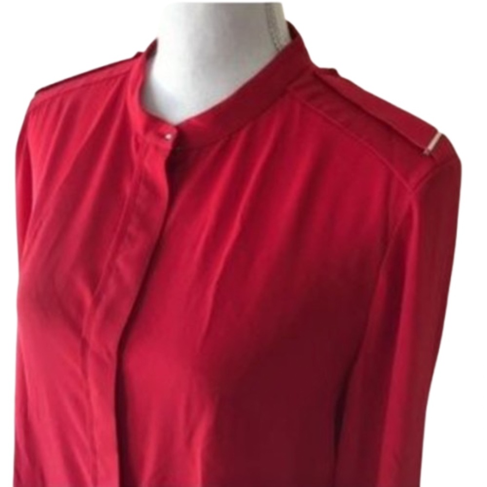 Mango Collarless Button Down Shirt Long Sleeve Red - image 4